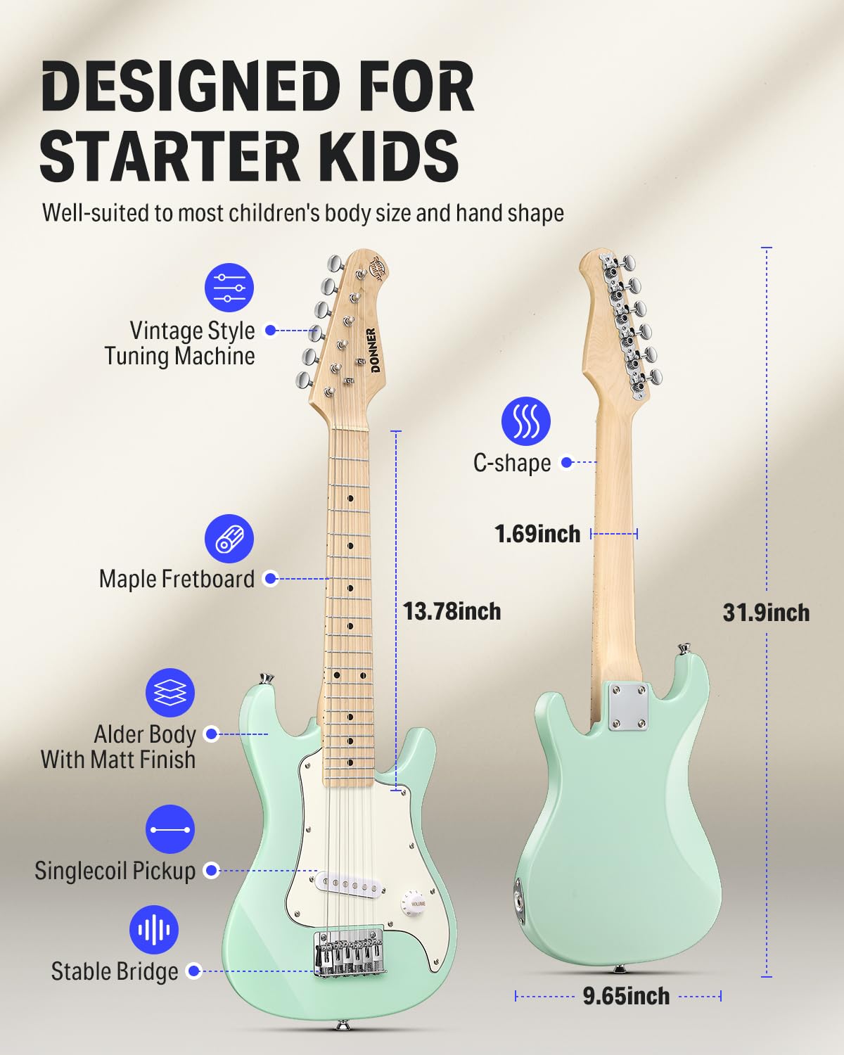 Donner 30 Inch Junior Electric Guitar Beginner Kit ST Style Mini Electric Guitar Starter Package for Teens with Amp, 600D Bag, T